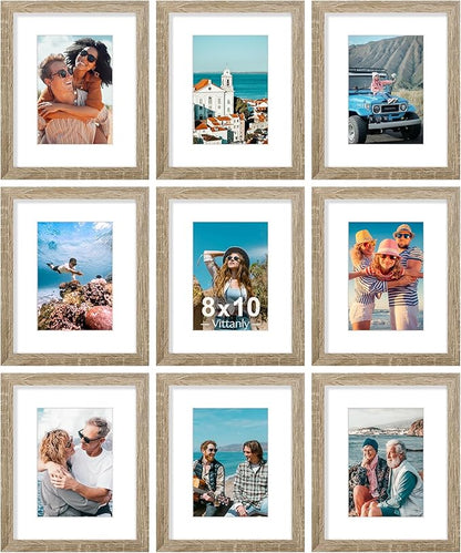 Vittanly 8x10 Picture Frames Set of 9, Shatter Resistant Plexiglass, Display 5x7 Pictures with Mat or 8x10 without Mat, Photo Frames for Wall or Tabletop, Engineered Wood, Light Wood