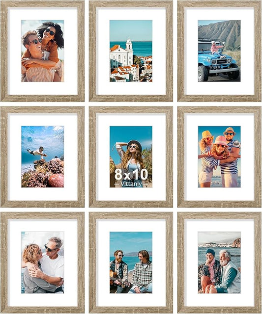 Vittanly 8x10 Picture Frames Set of 9, Shatter Resistant Plexiglass, Display 5x7 Pictures with Mat or 8x10 without Mat, Photo Frames for Wall or Tabletop, Engineered Wood, Light Wood