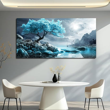 KELIYUAN Canvas Wall Art For Living Room Large Wall Decor For Bedroom Blue Tree Landscape Painting Black And White Wall Pictures Artwork Office Works Frame Canvas Art Modern Home Decoration 24x48in
