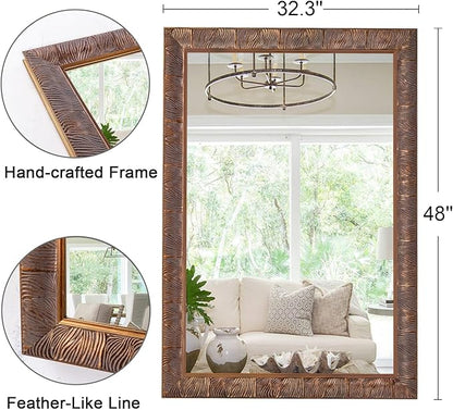 Chende Vintage Mirrors for Decor, 48'' x 32.3'' Bronze Living Room Mirror with Hand-Carved Feather Grain Wooden Frame, Farmhouse Home Wall Design for Bathroom, Entryway, Dining Room Decor