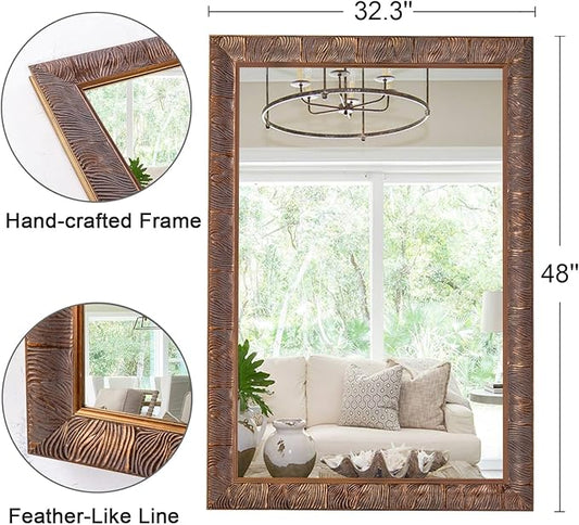 Chende Vintage Mirrors for Decor, 48'' x 32.3'' Bronze Living Room Mirror with Hand-Carved Feather Grain Wooden Frame, Farmhouse Home Wall Design for Bathroom, Entryway, Dining Room Decor