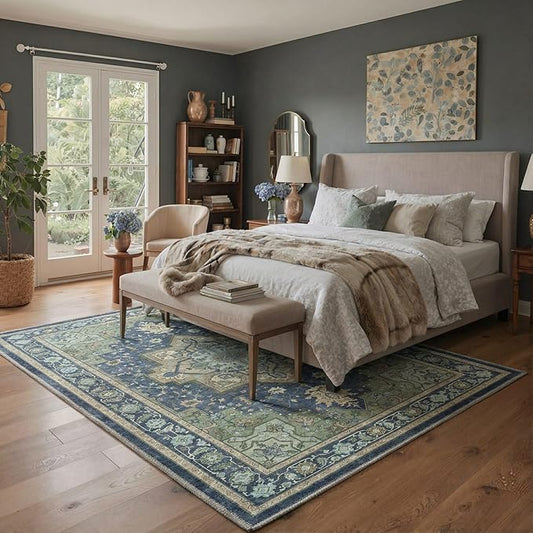 GENIMO 8x10 Area Rugs for Living Room, Machine Washable Rug, Non Slip Indoor Vintage Carpet, Low Pile Lightweight Chenille Print Carpet for Bedroom Dining Room Home Office, Green & Navy