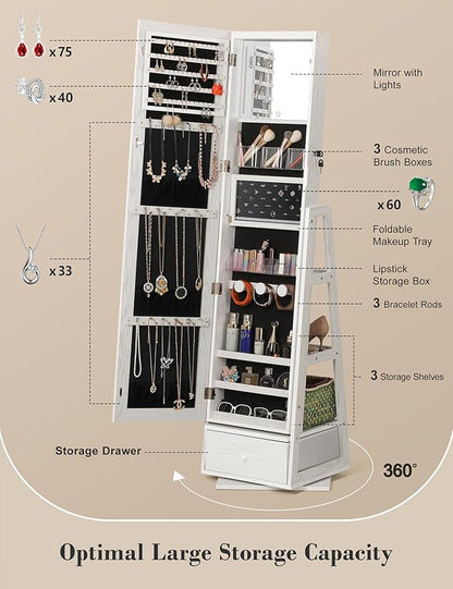 Nicetree 360° Swivel Jewelry Cabinet with Lights, Touch Screen Vanity Mirror, Rotatable Full Length Mirror with Jewelry Storage, Standing Jewelry Armoire Organizer, Foldable Makeup Shelf, White
