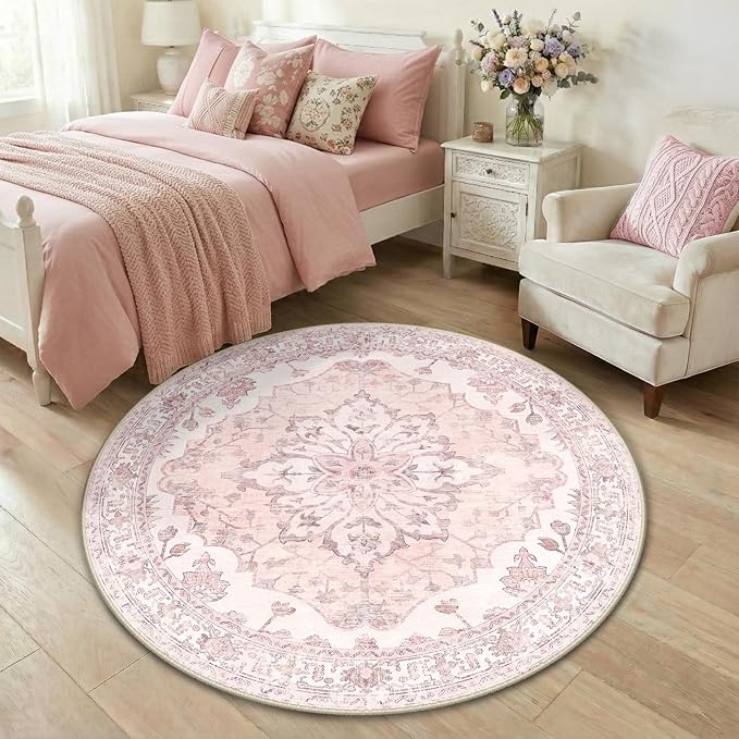 RELEANY Area Rugs Round 4ft Washable Non-Slip, Floral Vintage Distress Print Pattern Medallion Carpet for Living Room Bedroom Dining Room, Pink Greypink Cute