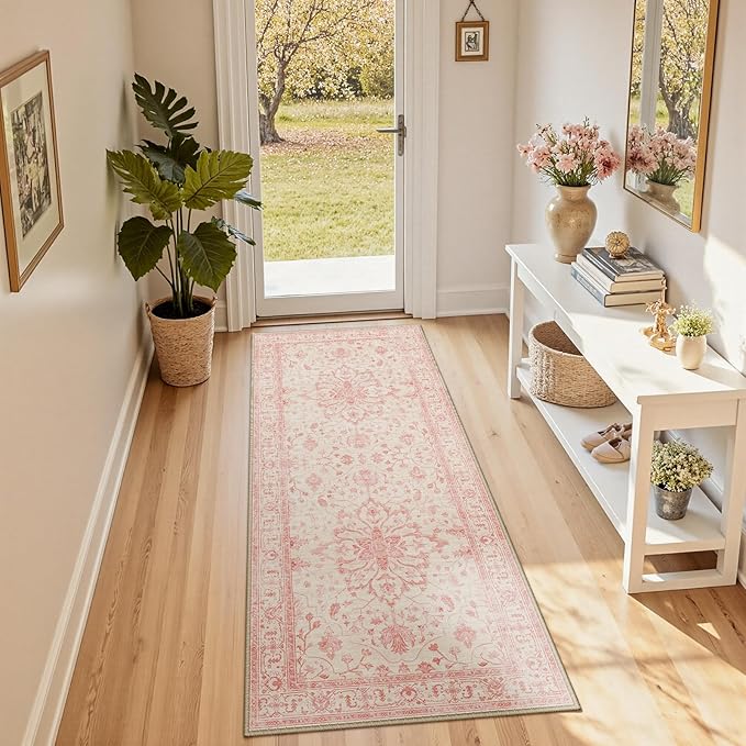 RELEANY Area Rugs 2'x6' Runner Rug Non Slip Washable for Kitchen Hallway Bedroom Beside Laundry Room Bathroom Rug, Floor Carpet, Pink Light Vintage Pink