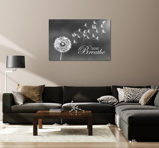 SKASNFAI Black and White Dandelion Zen Wall Art Canvas Just Breathe Motivation Positive Picture Art Print for Spa Yoga Meditation Wall Decor Ready to Hang (28L x 44W)