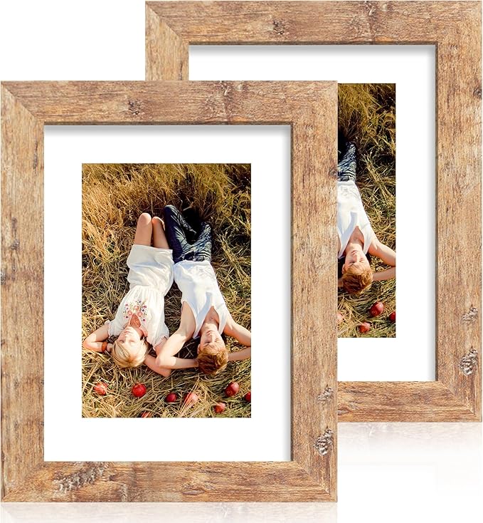 iRahmen 6x8 Picture Frame with Mat 4x6 - High Definition Real Glass Wooden Photo Frames for Tabletop Display and Wall Mounting (Rustic Brown, Set of 2)