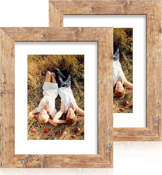 iRahmen 6x8 Picture Frame with Mat 4x6 - High Definition Real Glass Wooden Photo Frames for Tabletop Display and Wall Mounting (Rustic Brown, Set of 2)
