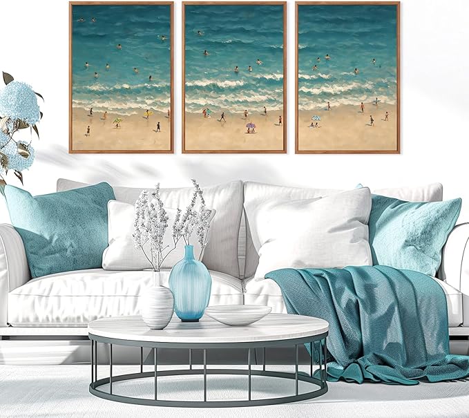 HLNIUC Summer Beach Framed Canvas Wall Art,Large Coastal Sea Wave Wall Decor,Blue Ocean Swimming Artwork Set of 3(24x36),Watercolor Seaside Holiday Art Prints for Living Room, Bedroom,Office