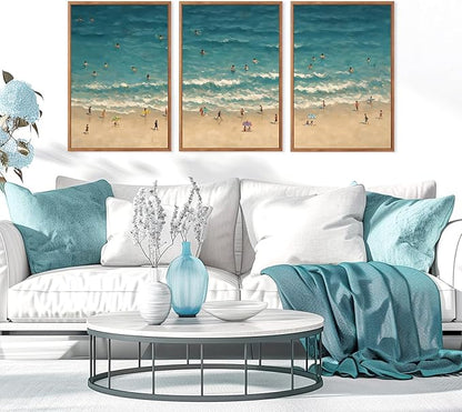 HLNIUC Summer Beach Framed Canvas Wall Art,Large Coastal Sea Wave Wall Decor,Blue Ocean Swimming Artwork Set of 3(24x36),Watercolor Seaside Holiday Art Prints for Living Room, Bedroom,Office