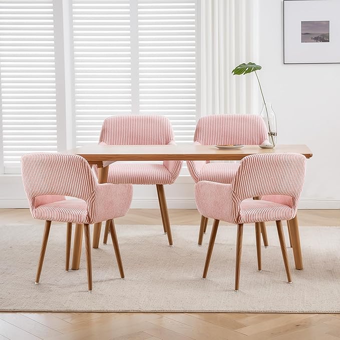 KCC Small Modern Dining Room Arm Chairs Set of 4, Mid-Century Upholstered Corduroy Fabric Side Seat Club Guest with Metal Tube Legs for Kitchen, Living Room, Pink