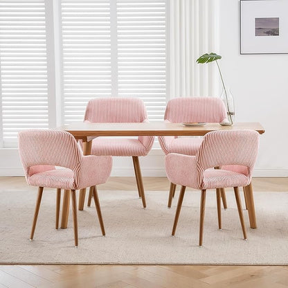 KCC Small Modern Dining Room Arm Chairs Set of 4, Mid-Century Upholstered Corduroy Fabric Side Seat Club Guest with Metal Tube Legs for Kitchen, Living Room, Pink
