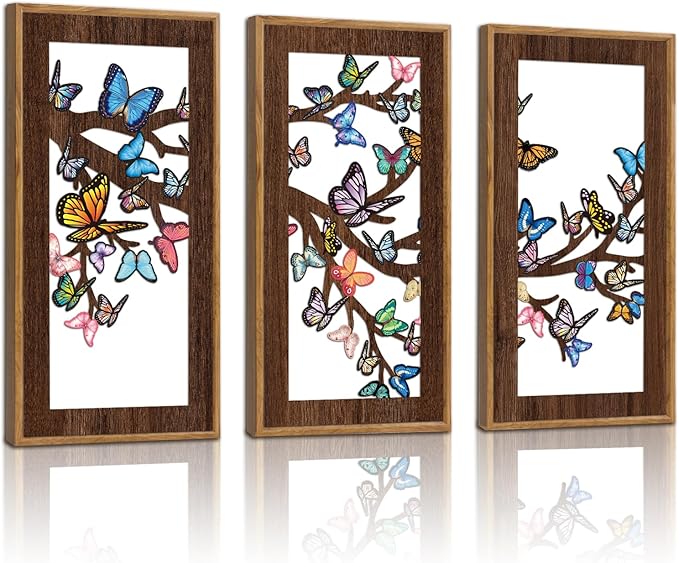 KAIRNE Butterfly Wooden Wall Art,Boho Wall Decor Chic Set of 3(8”X16”),Vintage Tree Animal Hanging Wall Decor,Rustic Farmhouse Wall Sign,Minimalist Natural Posters for Bathroom Living Room Decor,Framed