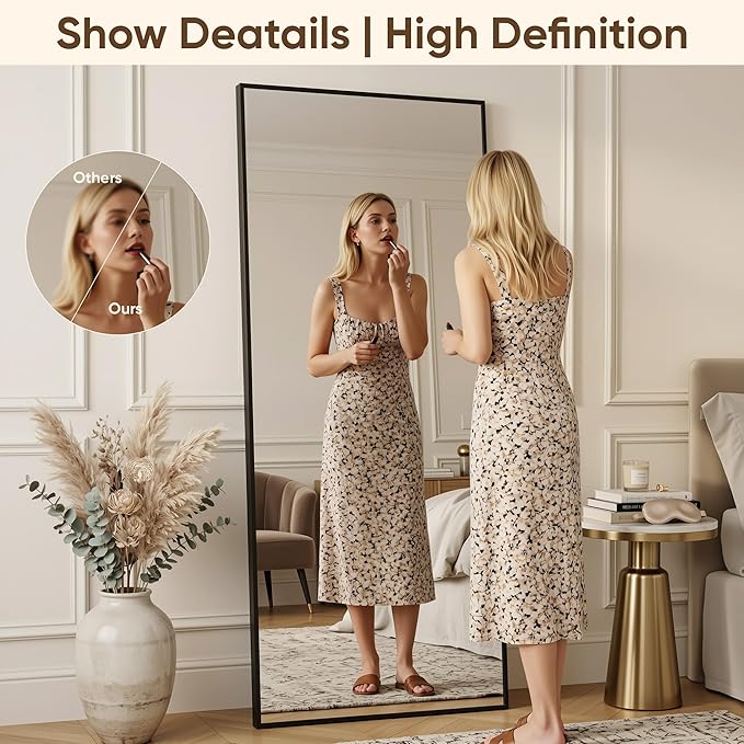 Antok 72''x44'' Full Length Mirror, Shatterproof HD Oversized Floor Mirror with Stand, Aluminum Alloy Frame Leaning Standing or Wall Mounted Mirror for Bedroom Living Room Entryway, Black