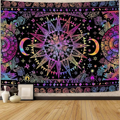 Leeisysme Hippie Sun and Moon Tapestry, Blacklight UV Reactive Neon Tie Dye Celestial Wall Hanging for Living Room Bedroom Home Decor, Purple 44x60 inches