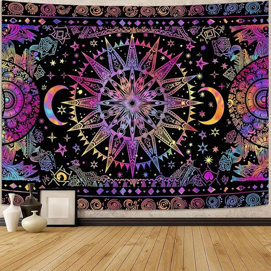 Leeisysme Hippie Sun and Moon Tapestry, Blacklight UV Reactive Neon Tie Dye Celestial Wall Hanging for Living Room Bedroom Home Decor, Purple 44x60 inches