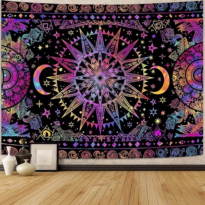 Leeisysme Hippie Sun and Moon Tapestry, Blacklight UV Reactive Neon Tie Dye Celestial Wall Hanging for Living Room Bedroom Home Decor, Purple 60x80 inches
