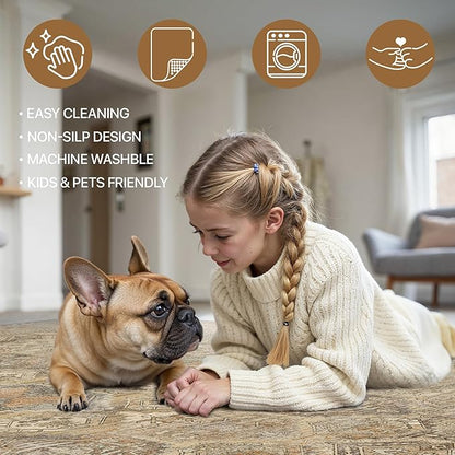 Bavni Washable Rug 3x5 Area Rug for Living Room Bedroom Dining, Washable Vintage Print Carpet, Ultra-Thin Chenille Low Pile Lightweight Rug with Non Slip Backing, Wood