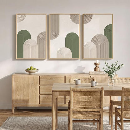 Framed Green Beige Abstract Wall Art for Living Room, 3 Piece Large Neutral Modern Minimalist Canvas Artwork for Walls, Boho Bauhaus Geometric Painting Prints for Hallway Office Wall Decor, 24x36 Inch