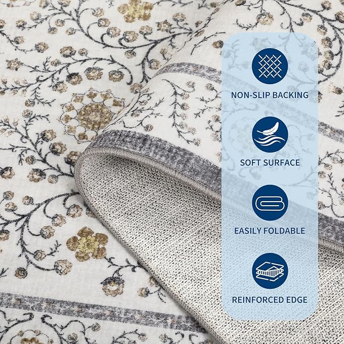 GarveeHome Boho Round Rugs 6ft for Living Room Non Slip, Vintage Botanical Circle Rug Washable Area Rug for Dining Room Stain Resistant, Low Pile Soft Grey Circular Carpet for Nursery Kitchen