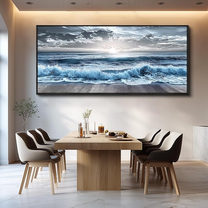 ERQINHUA Sunrise Ocean Seascape Wall Pictures Large Canvas Wall Decor For Bedroom Wall Art For Living Room Office Decor Blue Beach Sea Wave Paintings Artwork Modern Home Decor Black Framed 32x72 In