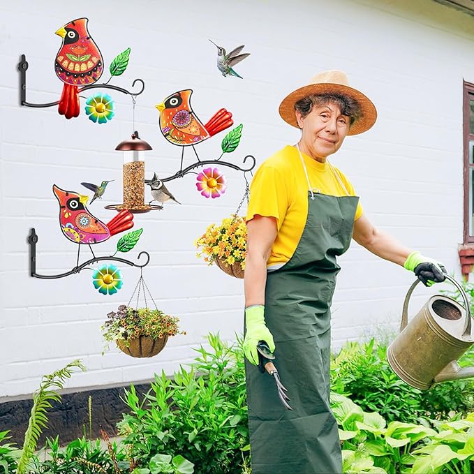 Metal Birds Wall Art Decor with Hanging Hooks, 3D Colorful Bird Outdoor Hanging Wall Art Patio Fence Decorations, Plant Bracket for Planters Wind Chimes Lanterns Garden Patio Decor (Cardinal)