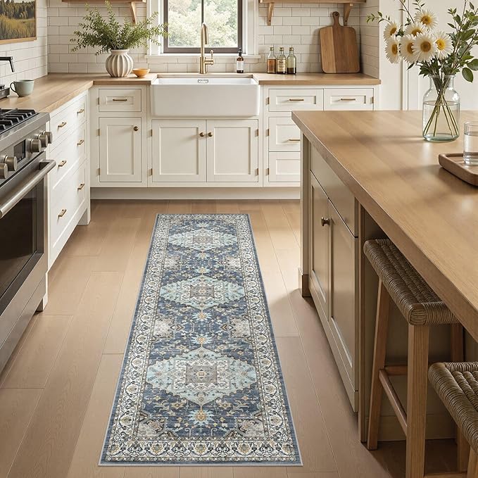 Washable 2x6 Runner Rugs: Non Slip Vintage Blue Yellow Area Rugs for Living Room, Large Soft Stain Resistant Indoor Floor Carpets for Bedroom Dining Room Nursery Home Office Kid & Pet Friendly