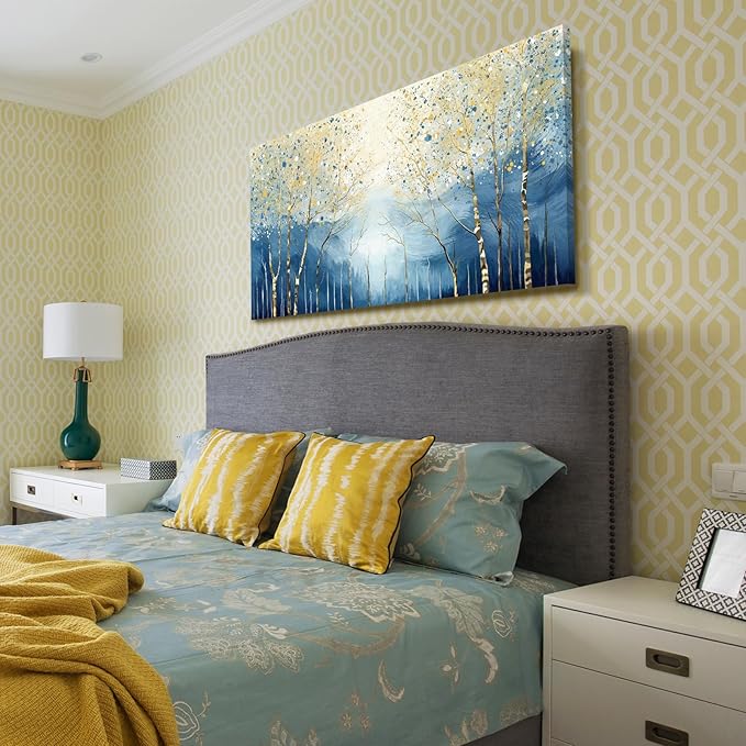 amatop Large Abstract Art Wall Hanging For The Living Room, Featuring Modern Plant Prints Pictures And Blue And Yellow Tree Artwork For Bedrooms, Bathrooms, Dining Rooms, And Studies. 48X24 Inches.