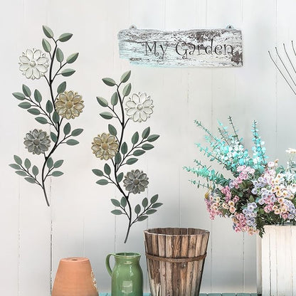 MorningRo 2 Pcs Metal Flower Leaves Wall Art Spring Wall Decor Living Room, 15.75 Inch Vintage Rustic Branch Leaf Wrought Iron Scroll Art Decor for Spring Bedroom Indoor Outdoor Decorations(Green)