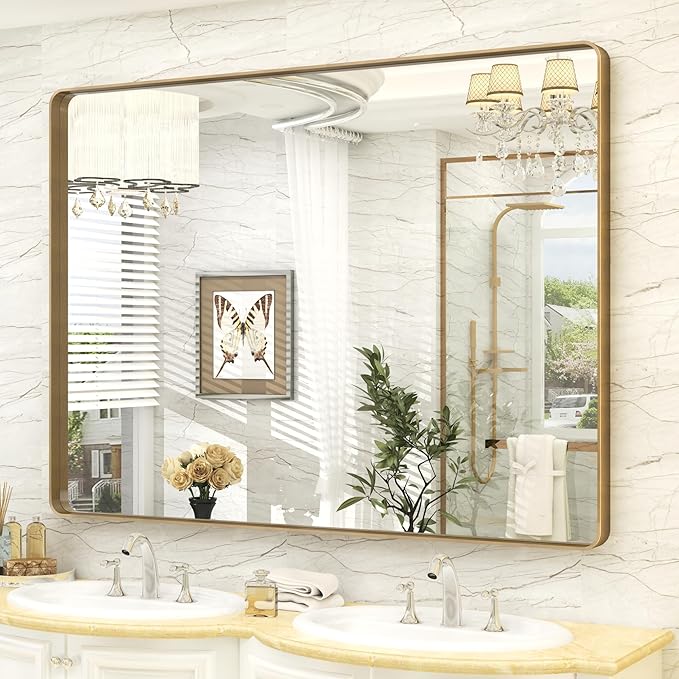 48x40 Gold Bathroom Mirror, Brushed Metal Frame Gold Vanity Mirror, Large Rectangle Mirror for Wall, Rounded Corner, Shatterproof, Anti-Rust (Horizontal/Vertical)