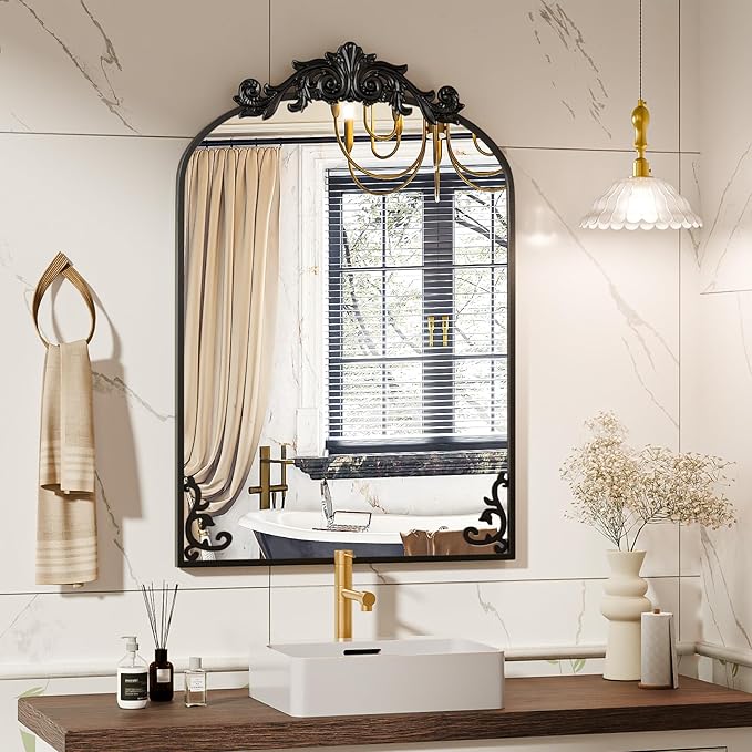 Koonmi Vintage Mirror, 24x36 Antique Barolon Bathroom Mirror for Wall,Flower Head, Shatter-Proof Tempered Glass, Arched Ornate Mirrors for Bedroom Bathroom Entryway Fireplace Hallway