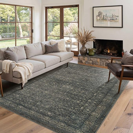Rugxara Washable Area Rug for Living Room, Vintage Boho Rugs for Office, Dining Room, Kids Room, Farmhouse, Durable Low Pile Non Slip Carpet for High Traffic Areas, Moss Brown(4x6 ft)