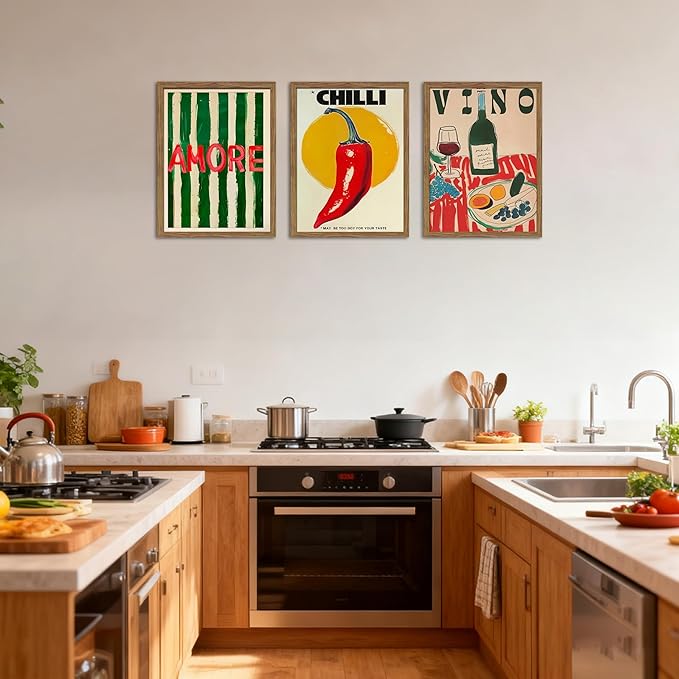 Framed Kitchen Wall Art Set of 3, Abstract Table Food Kitchen Wall Decor, Chilli Pictures Prints Artwork, Vintage Dining Room Canvas Painting, Modern Kitchen Home Decoration – 12x16 inch