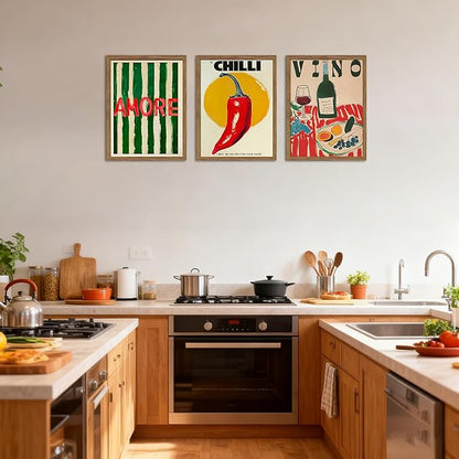 Framed Kitchen Wall Art Set of 3, Abstract Table Food Kitchen Wall Decor, Chilli Pictures Prints Artwork, Vintage Dining Room Canvas Painting, Modern Kitchen Home Decoration – 12x16 inch