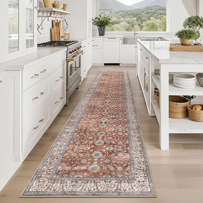 KUTA Vintage Long Runners for Hallways, 2.6x12 Red Clay Washable Non-Slip Kitchen Rugs Ultra Thin Soft Printed Distressed Oriental Floral Floor Carpet for Laundry Bedroom Living Room Nursery