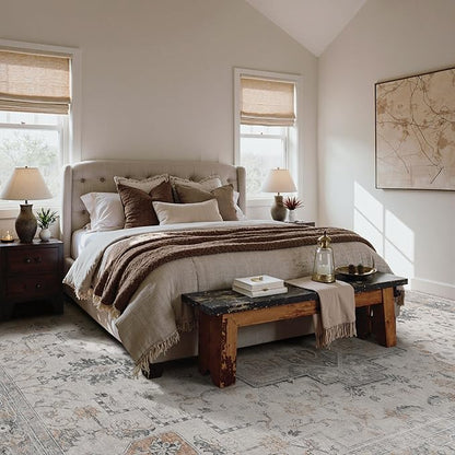GENIMO 10x14 Area Rugs for Living Room, Non Slip Machine Washable Vintage Rugs, Low Pile Lightweight Chenille Print Large Rug for Bedroom, Dining Room, Home Office, Light Taupe Brown