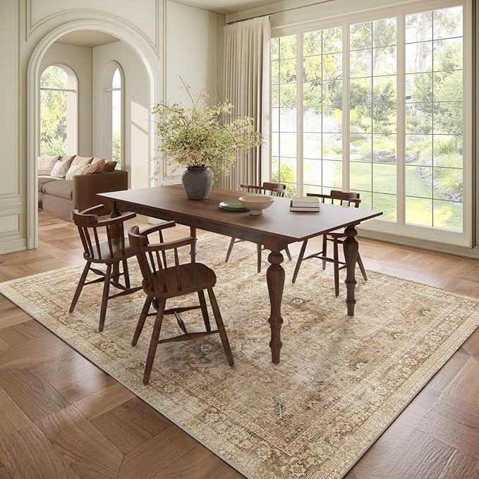 Washable 6x9 Area Rugs for Living Room, Boho Non-Slip Vintage Distress Large Rugs for Bedroom Dining Room Nursery Office, 0.3" Neutral Oriental Throw Thin Carpet, Brown/Multi, C1