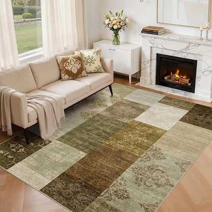 UERMEI 5x7 Area Rug Washable, Brown Modern Geometric Rugs for Living Room, Non-Slip Patchwork Carpet, Stain Resistant Low-Pile Foldable Rug for Bedroom Dining Room - Brown