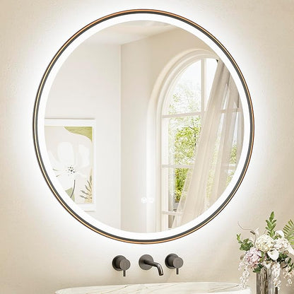 TETOTE Round Led Oil Rubbed Bronze Bathroom Mirror 36 Inch Circle Round Lighted Vanity Mirror with Lights for Bathroom Wall, 3 Color Stepless Dimmable, Anti Fog, Shatterproof, CRI 90+