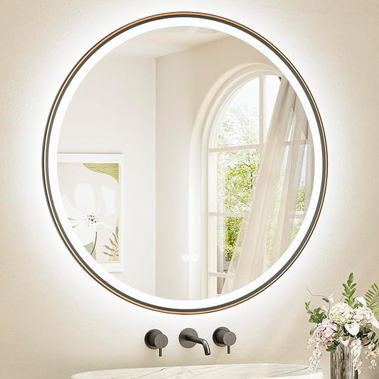 TETOTE Round Led Oil Rubbed Bronze Bathroom Mirror 36 Inch Circle Round Lighted Vanity Mirror with Lights for Bathroom Wall, 3 Color Stepless Dimmable, Anti Fog, Shatterproof, CRI 90+