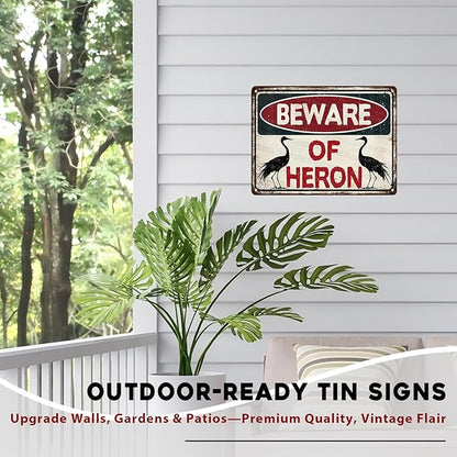 Heron Vintage Sign Warning Beware of Heron Metal Tin Sign for Men Home Decor tin Art Decor 12x16inch