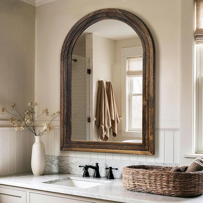 TRAHOME Arched Bathroom Mirror, 38"x26" Brown Wood Frame Wall Mirror, Farmhouse Vintage Vanity Mirror with Layered Frame for Entryway, Living Room, Bedroom