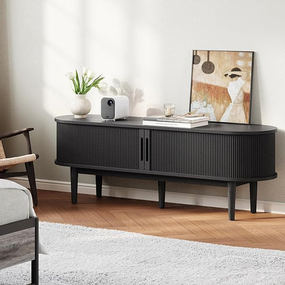 LINSY HOME Fluted TV Stand for 65" TV, Mid-Century Modern Wood Entertainment Center with Sliding Tambour Door and Storage Cabinet, Boho TV Media Console Table for Living Room, Bedroom, Black