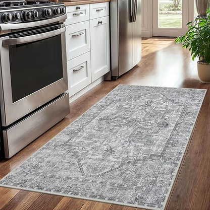 KOZYFLY Boho Area Rug 3x5 Ft Rugs for Entryway Washable Entry Rug Non Slip Door Mat Indoor Entrance Printed Faux Wool Throw Rugs for Entrance Kitchen Living Room, Gray