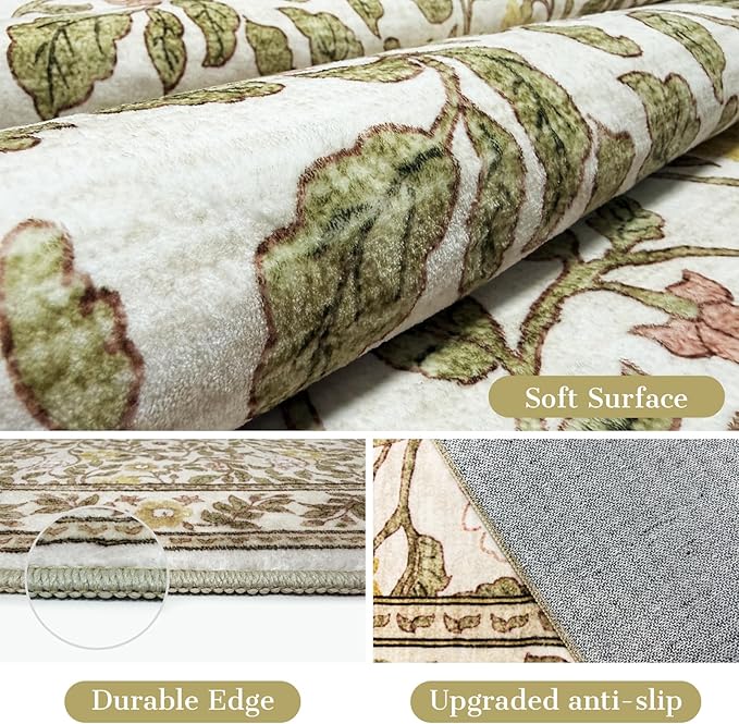 Floral Living Room Rug 6x9 Machine Washable Boho Area Rug Non Slip Vintage Low Pile Carpet for Bedroom, Farmhouse, Dining Room, Kids Playroom,Beige/Multi