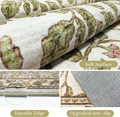Floral Living Room Rug 6x9 Machine Washable Boho Area Rug Non Slip Vintage Low Pile Carpet for Bedroom, Farmhouse, Dining Room, Kids Playroom,Beige/Multi