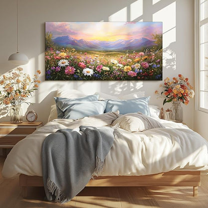crmotu Landscape Wall Art, Oversized Wall Art, Floral Wall Decor, Mountain Flower Sunset Oil Paintings, Vibrant Scenic Pictures Wall Decor Living Room Bedroom Hallway Farmhouse Canvas Prints 29x57inch
