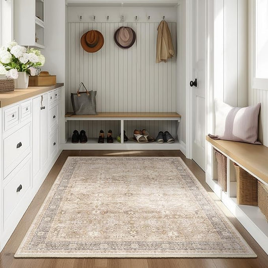 Neutral 4x5 Area Rugs for Living Bedroom, Kitchen Entryway Throw Rugs Non Skid Washable, Farmhouse Low Pile Thin Small Carpet Rug for Foyer/Nursery/Home Office/Dorm, Earth Tone Beige Taupe