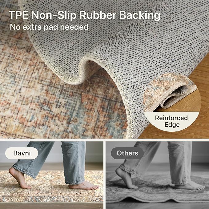 Bavni 8x10 Area Rug Washable Rug for Living Room Bedroom, Vintage Print Carpet, Low Pile Lightweight Mat with Non Slip Backing, Pale Warm Yellow