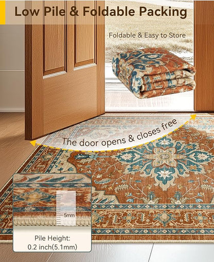 RELEANY Area Rugs 8'x10' Washable Non-Slip, Floral Vintage Distress Print Pattern Medallion Carpet for Living Room Bedroom Dining Room, Red Orange Blue Brown